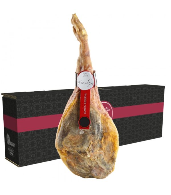 Jamón Reserva con la caja de embalaja de fondo